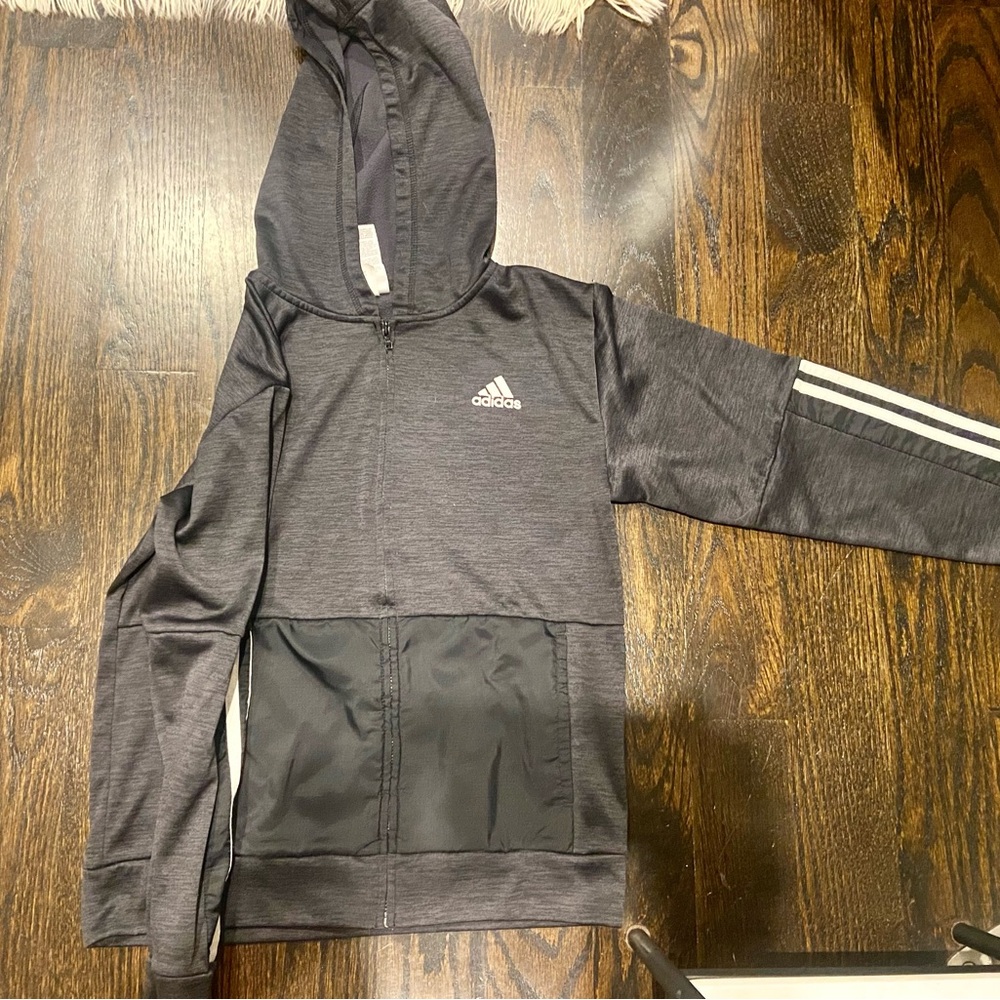 Adidas Size Med Unisex Kids Charcoal Gray Hoodie Track Jacket